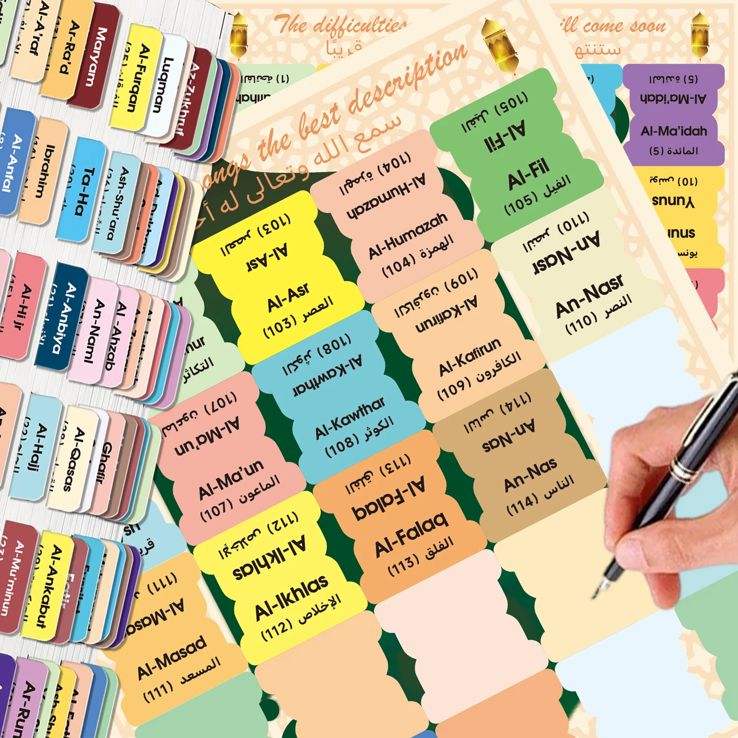 125 Quran Chapter Tabs in English&Arabic-114 Surah Labels&11 Blank Tabs, Colorful Islamic Study Accessories for Quran Journaling