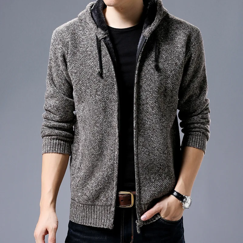 Autumn/Winter New Men's Casual Knitted Cardigan Sweater Hooded with Thick Velvet for Warmth and Versatile Casual Sweater Jacket