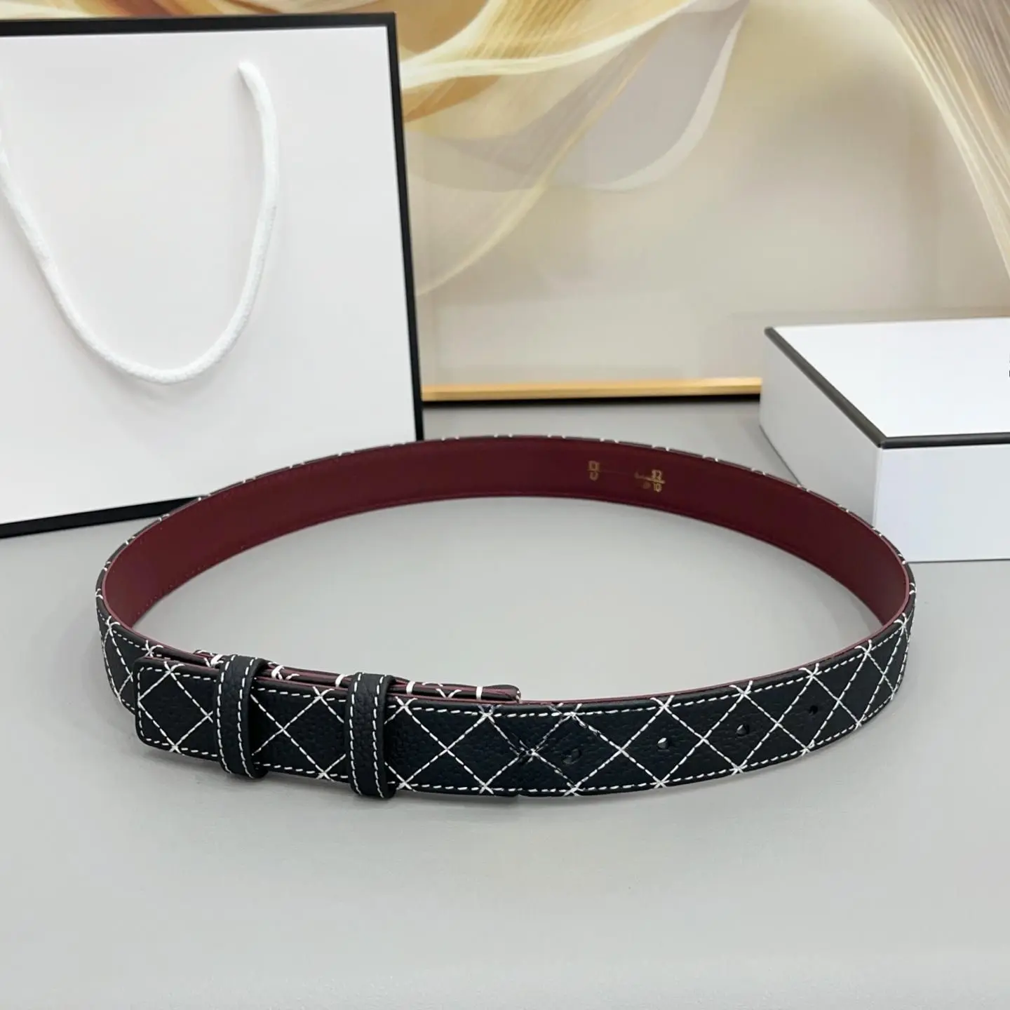 Unisex Reversible Leather Belt Strap Without Buckle, Black Diamond Stitch Outer & Wine Red Inner, Cowhide Waist Belt Replacement Band