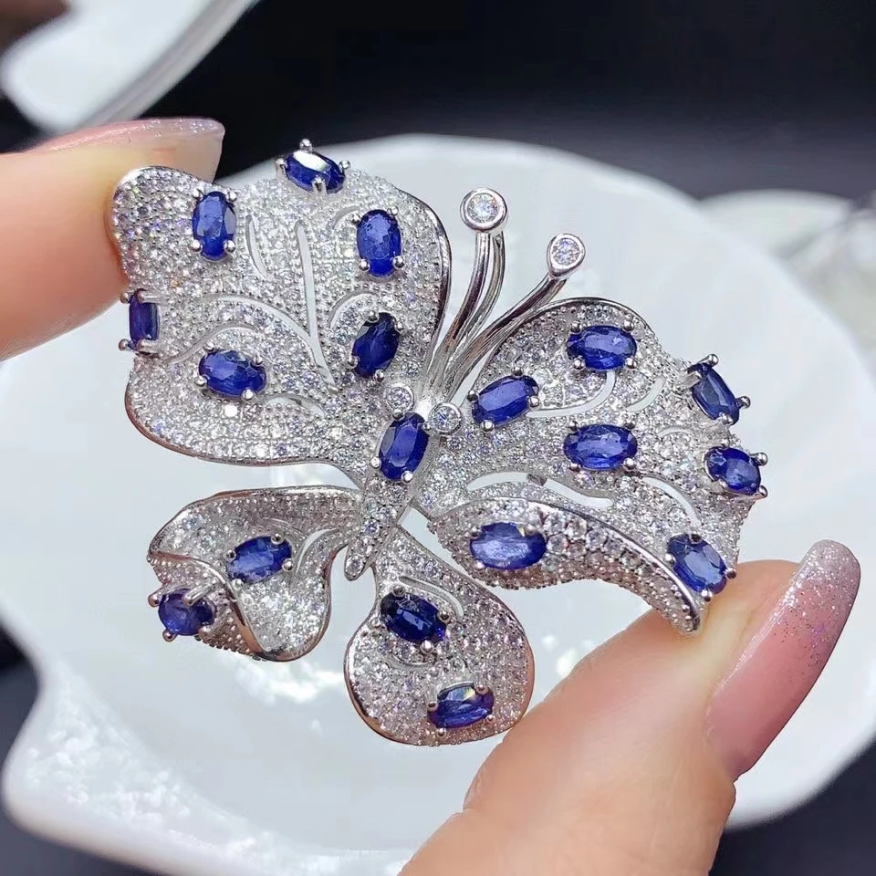 Luxury Sapphire Brooch for Party 3mm*5mm Total 3.6ct Natural Sapphire Brooch Fashion 925 Silver Butterfly Brooch