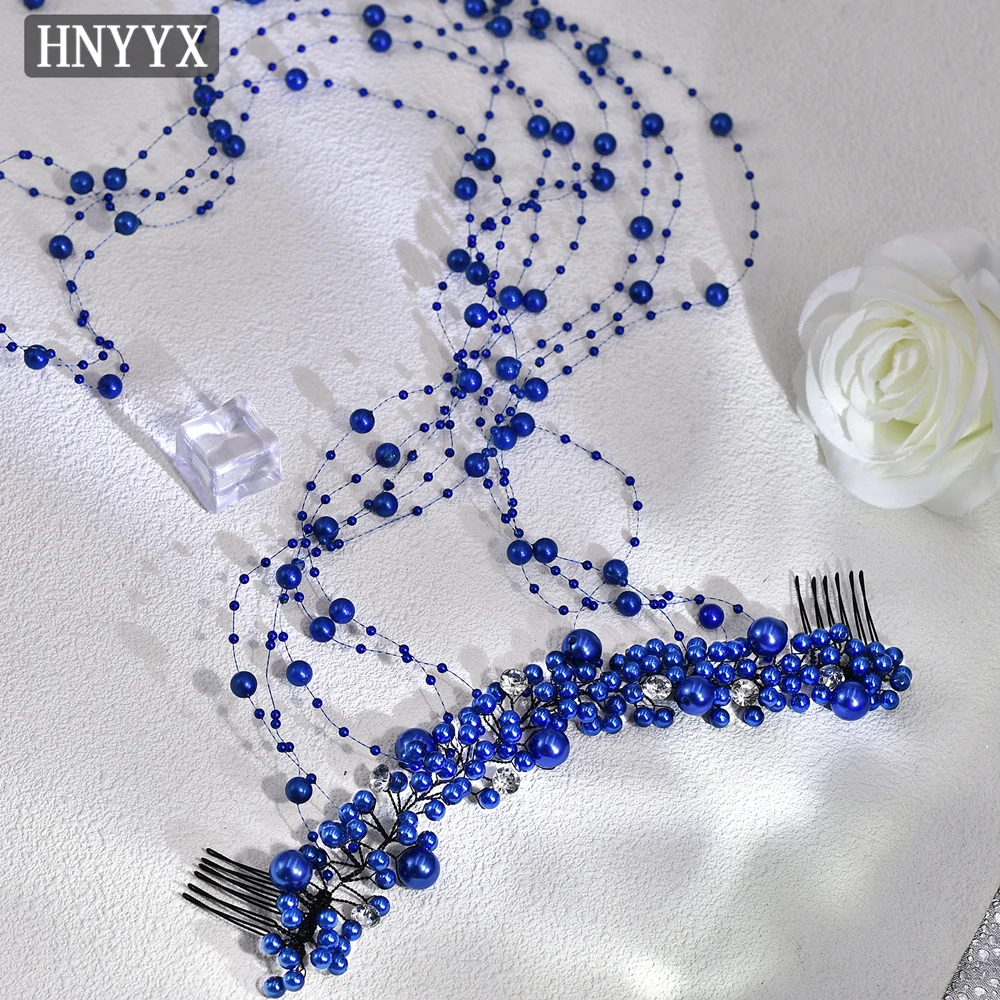 HNYYX Blue Pearl Hair Vine Bridal Hair Comb Wedding Bride Party Headdress for Women Beaded Jewelry Hair Accessories A230