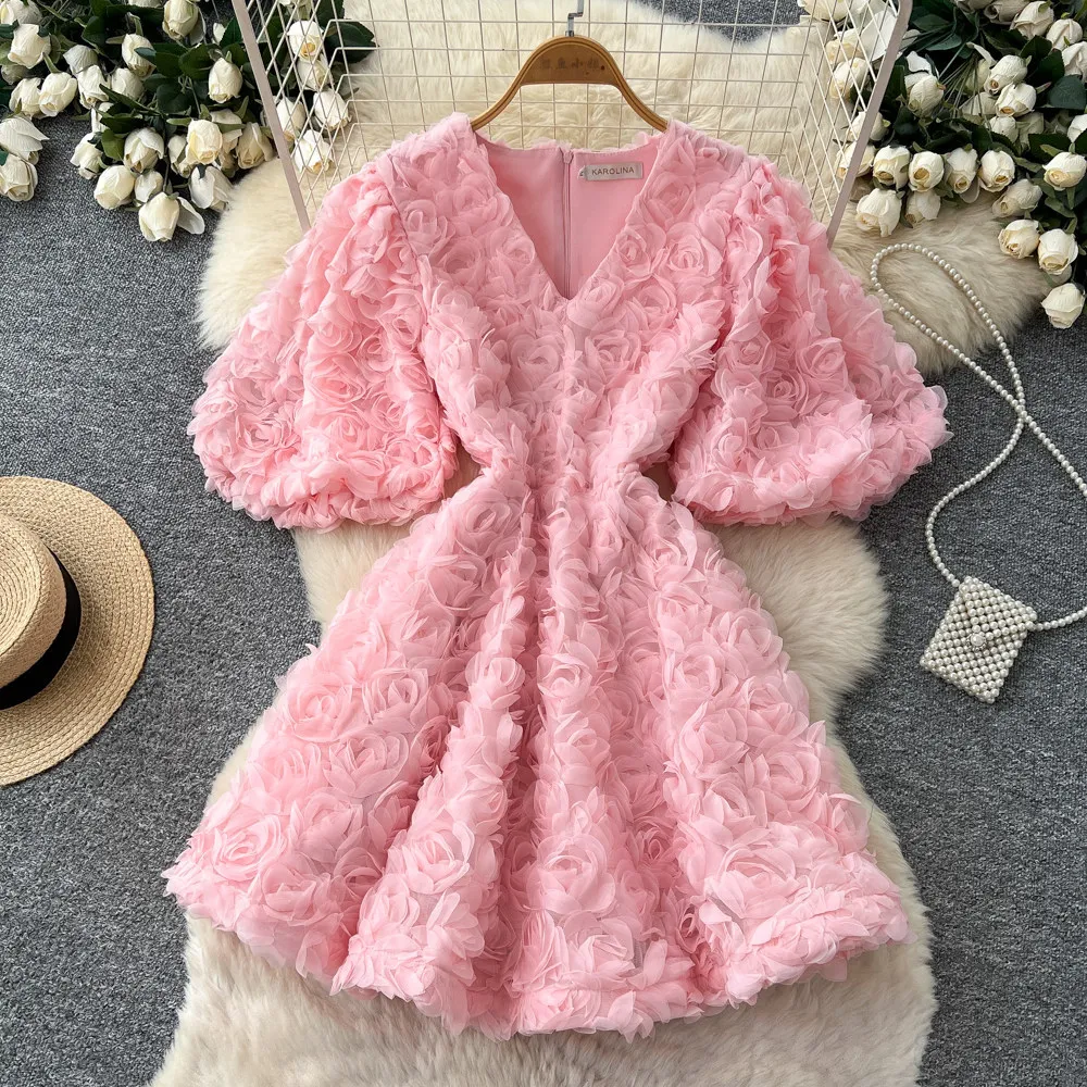 

Women 3d Floral Dresses A Line Solid Dress Mini Lenth Short Lantern Sleeves V Neck Waist Cinch Slim Casual Elegant 2026 Summer
