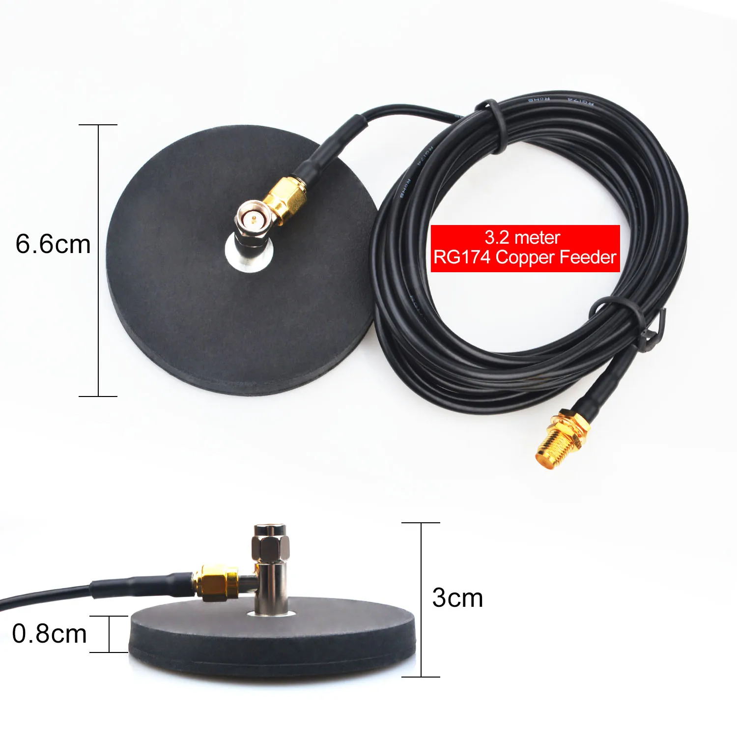 Handheld Walkie Talkie Antenna Magnet Base Diameter 6.6cm with RG-174 3.2Meter Copper Coaxial Cable Feeder