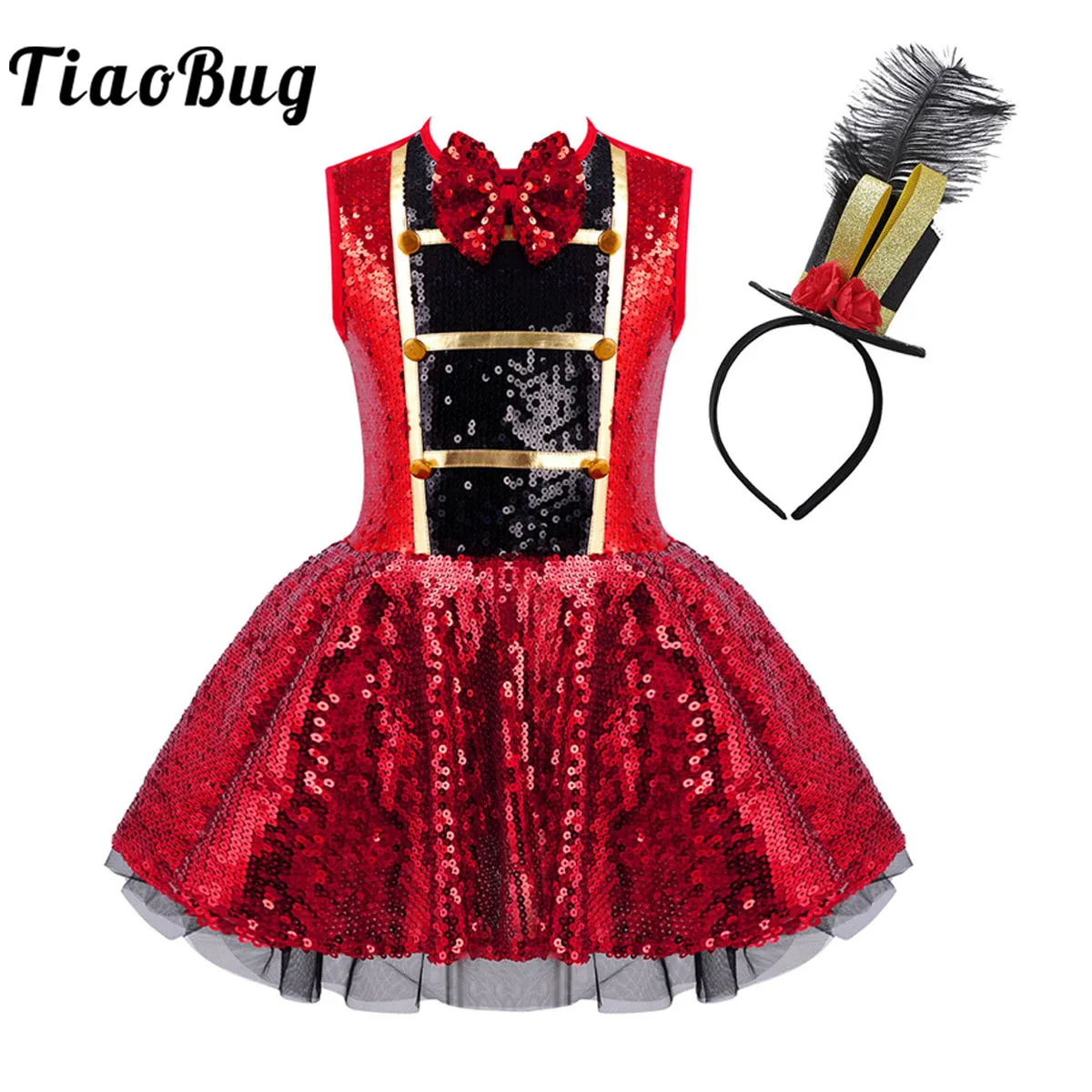 

Kids Girls Shiny Sequins Ballet Dance Dress Red Bowknot Sleeveless Christmas Circus Ringmaster Fancy Dress Up Tutu Leotard Dress