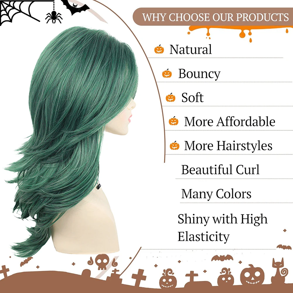 Peruca Sintética Verde de Alta Qualidade de 19 Polegadas com Camadas Onduladas, Adequada para Uso Diário, Festas e Cosplay, Natural e Resistente ao Calor