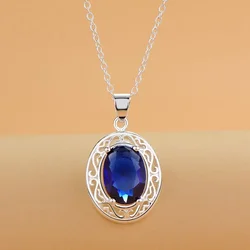 45cm Luxury 925 sterling Silver romantic Blue Crystal Oval Pendant Necklace For Women fashion party wedding Jewelry gifts