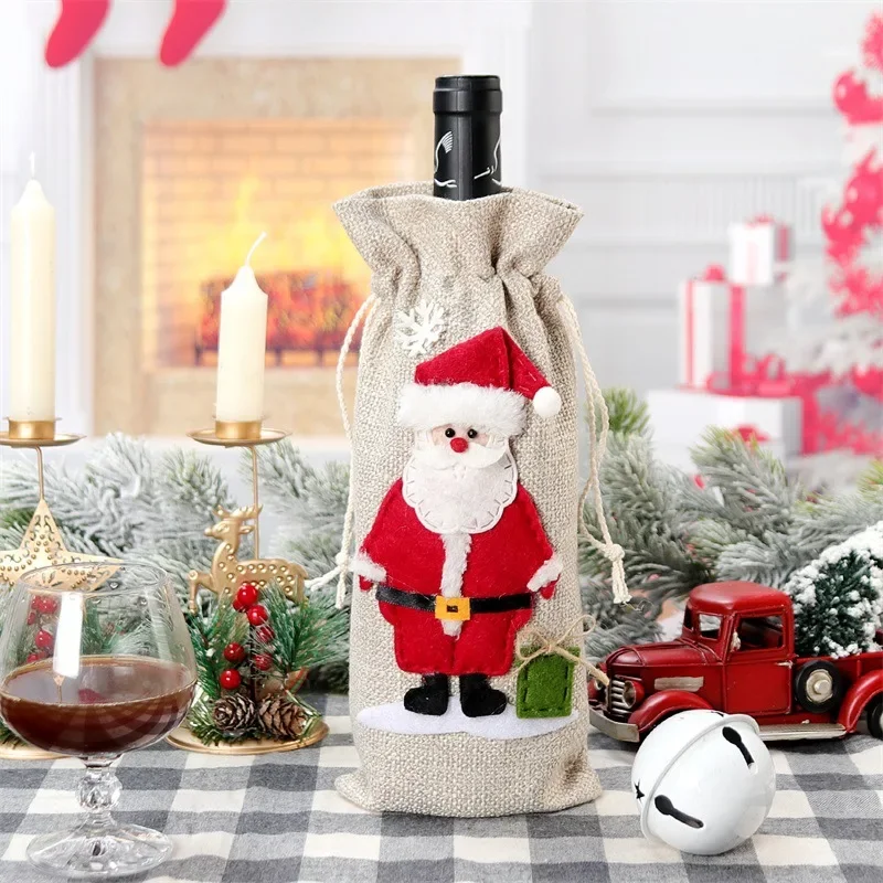 Xmas Snowman Santa Claus Wine Bottle Gift Packaging Jute Bag Pouch Burlap Christmas Wine Bottle Cover Bag Christmas Decorations