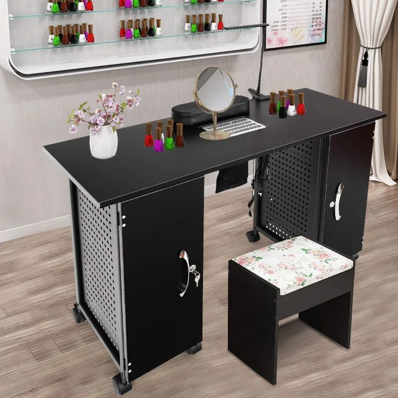 Nail Desk Manicure Table, Nail Tech Table with Dust Collector, Bendable LED Lamp, Lockable 5-Drawer Cabinet, Wrist Rest
