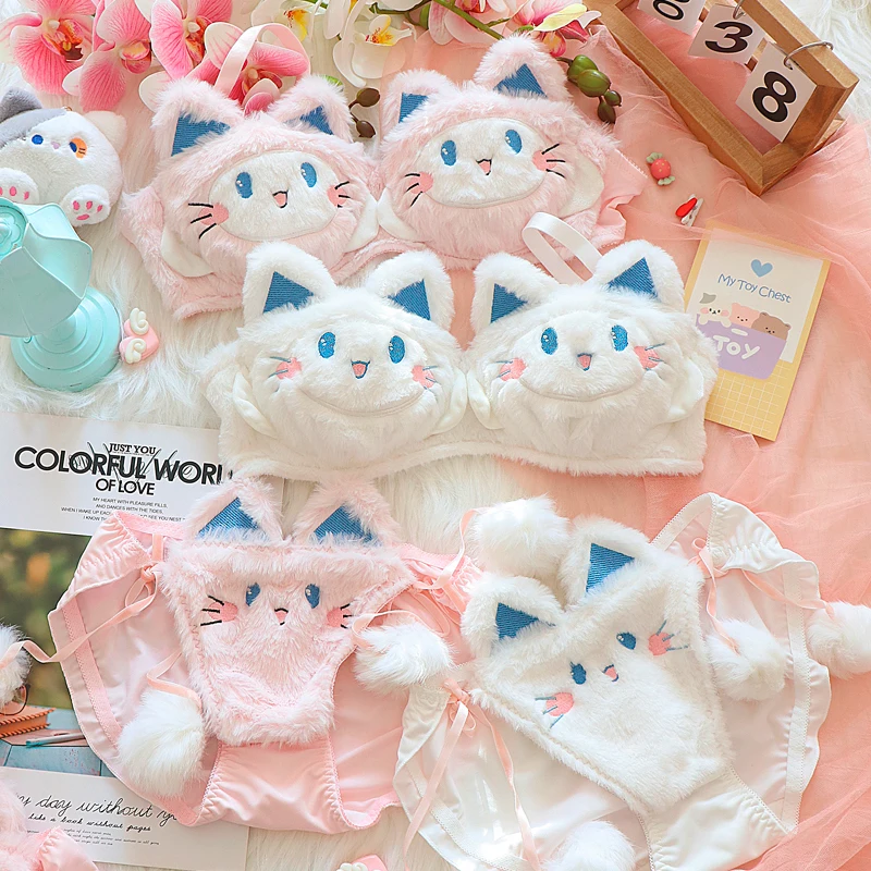 Winter cute plush underwear bear cartoon Japanese non-steel ring bra set warmth women large size lingerie panty suit