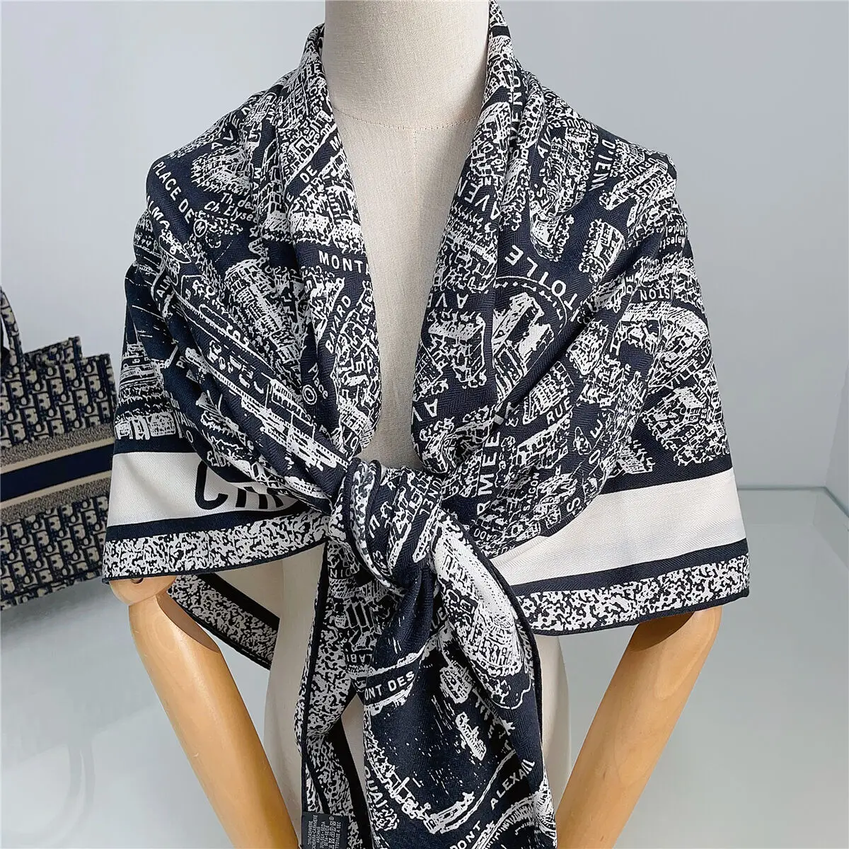 [Paris Map] Cashmere Winter 2024 Black White Square Scarf Shawl Keep Warm Brand Women Pashmina Big Wraps New Voice Hijab Bandana