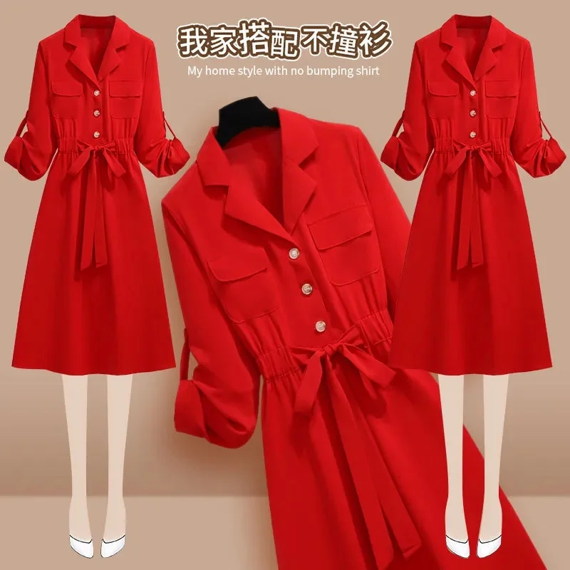 Rot Vestidos Weibliche 2025, Frühling Herbst Sommer Neue Große Größe frauen Kleid Mode Lässig Lose Temperament Hemd Kleider Damen