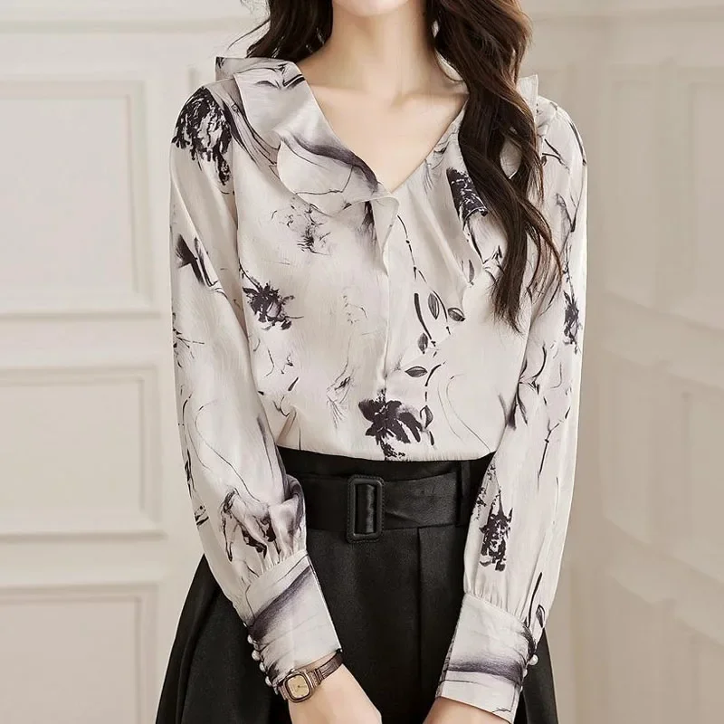 

New Long Sleeve V-Neck Women Blouse Ruffles Print Blouse Shirt Women Tops Blouses Shirts Blusas Para Mujer Camisas Blusas M275