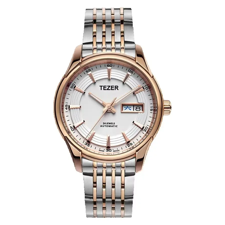 TEZER Men Automatic Watch | Two Tone Steel Band | White Dial | Day & Date | 5ATM Waterproof Mechanical Wristwatch