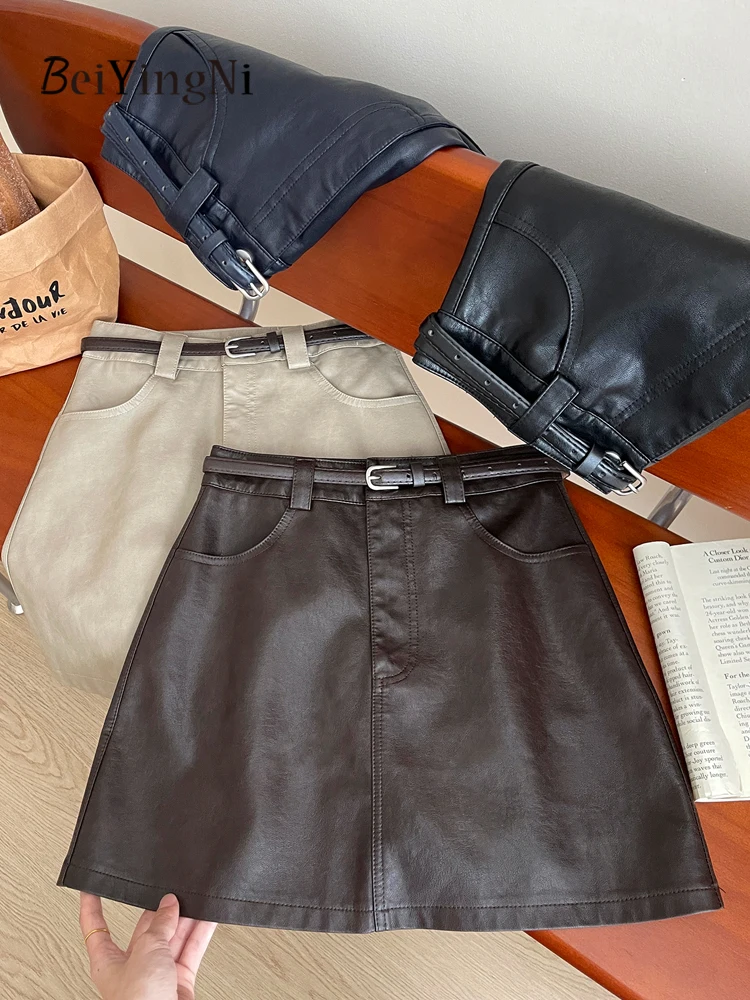 

Beiyingni Korean Chic All-match Women's Mini Skirts Belted Leisure High Waist PU Leather A-line Skirt Street Vintage Short Skirt