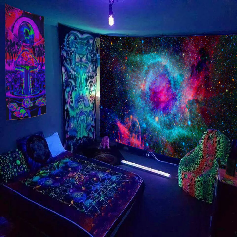 Fluorescent tapestry UV fluorescent  psychedelic mushroom wall hung hippie decorative room aesthetics