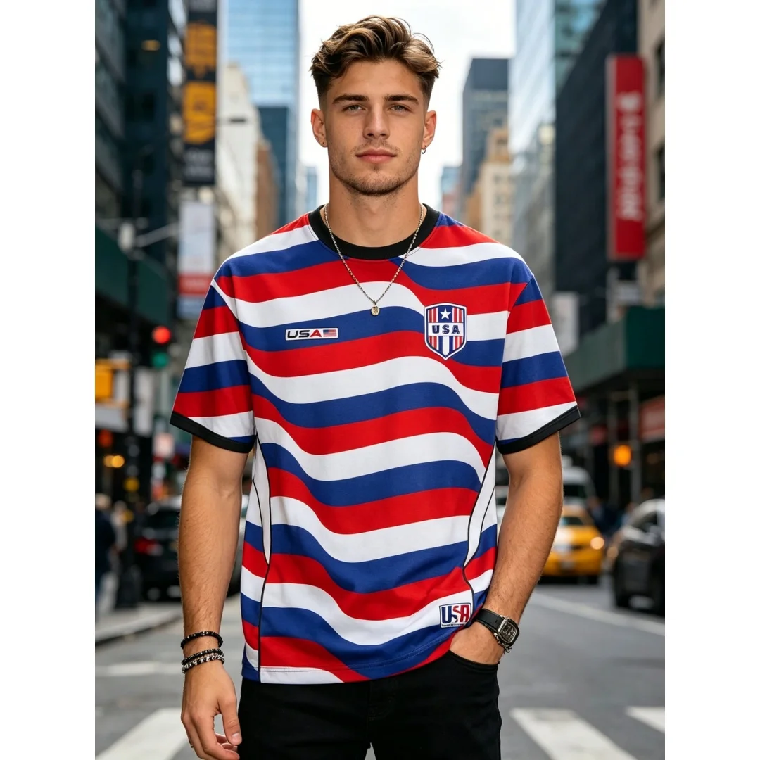 Men's Crew Neck USA Wavy Stripe Short Sleeve Sports Loose T Shirt Patriotic Style Trendy Outdoor Street Daily Summer Top