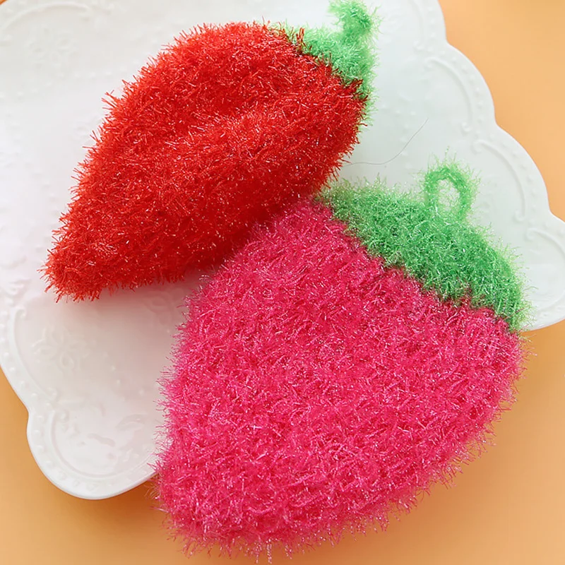 Cute Strawberry Yarn Dish Cloth Kitchen Brush Dishwashing Towels Cleaning Rag Pot Pan Sponge Scouring Pads Cleaning Supplies