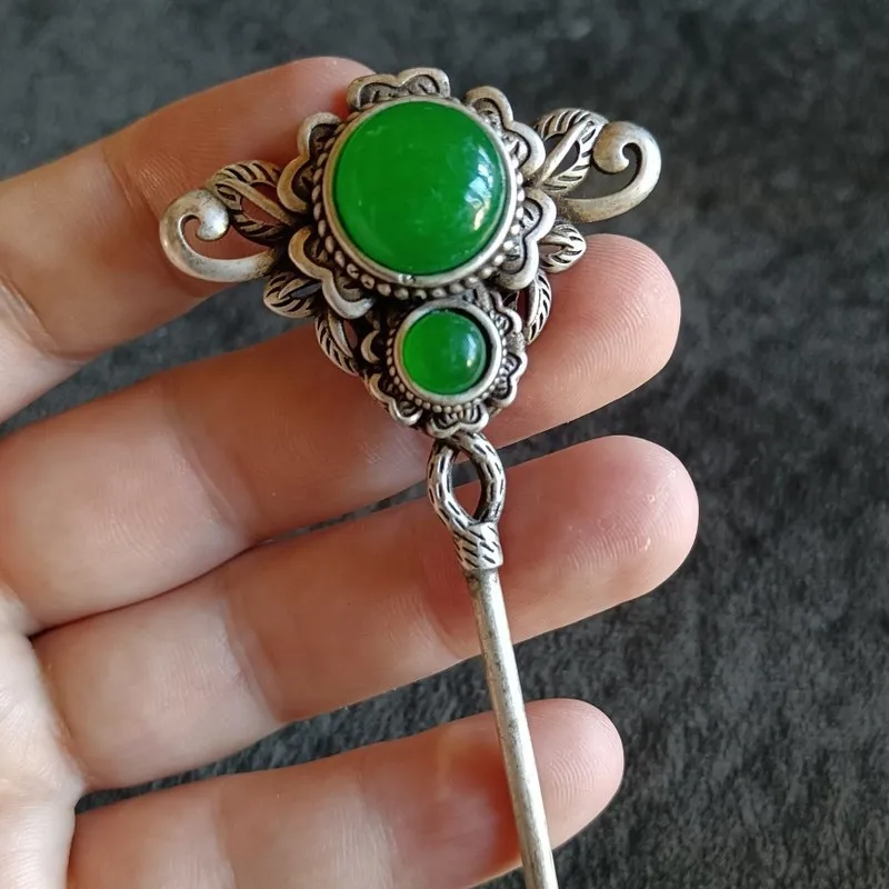 Antique Vintage Silver Inlaid With Beads, Aged Patina Hairpin