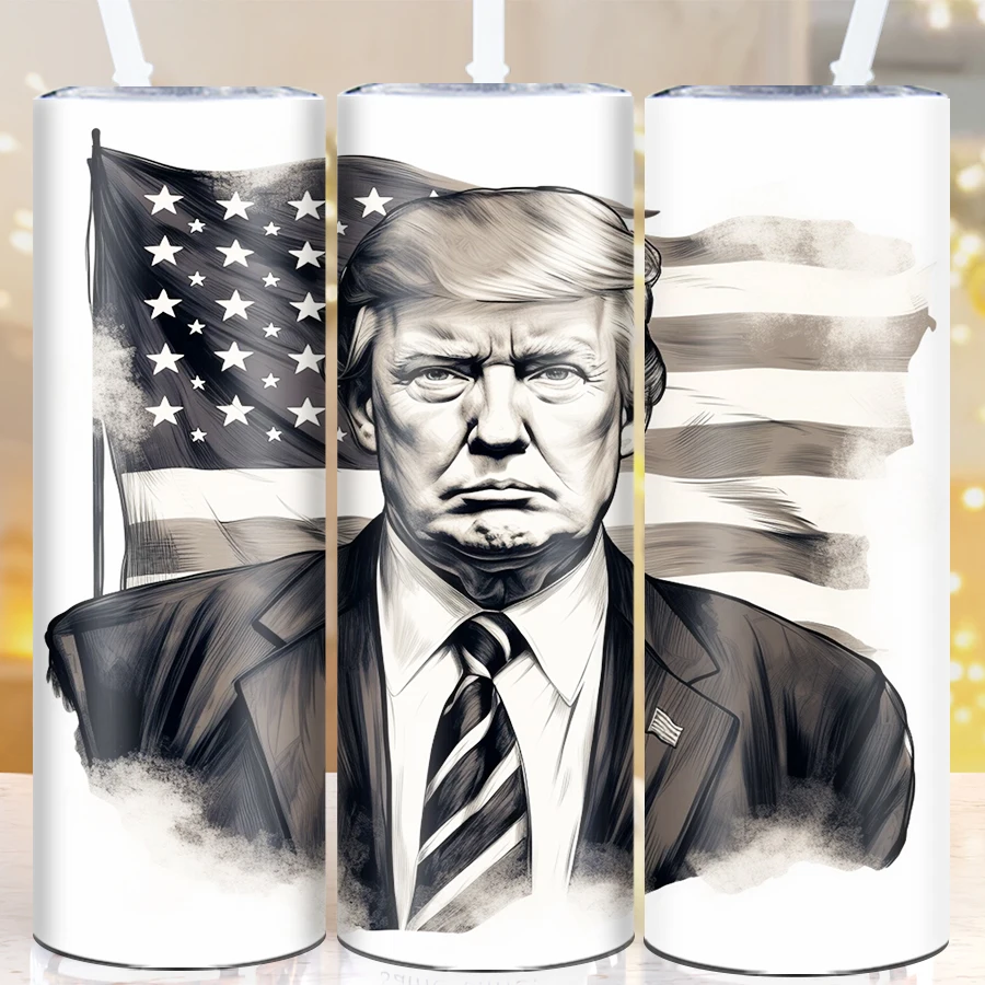 20oz Straight Coffee Cups Straw Lid 3D Print Black & White Trump Fight For USA Flag Seamless Inflated Outdoor Travel Tumblers