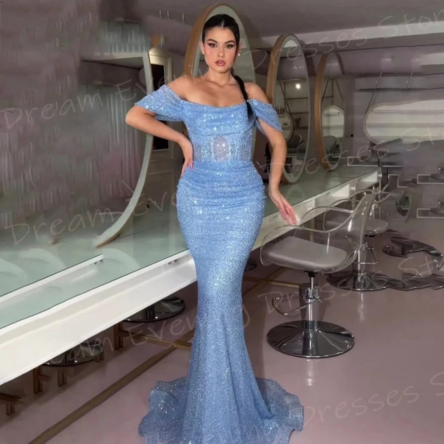 

Charming Sky Blue Mermaid Classic Women's Evening Dresses Sexy Off The Shoulder Prom Gowns Sleeveless Sequined فساتين سعيد شارون