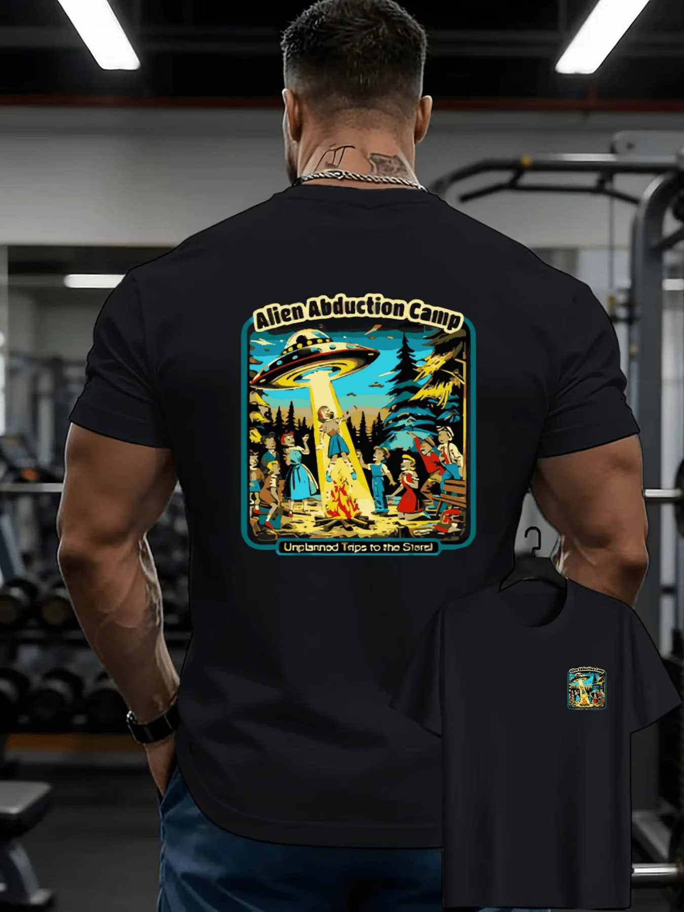 Men's Alien Abduction Camp Graphic T-Shirt Retro Casual Style Soft Vibrant Print Design Round Neck Trendy Leisure T-Shirt