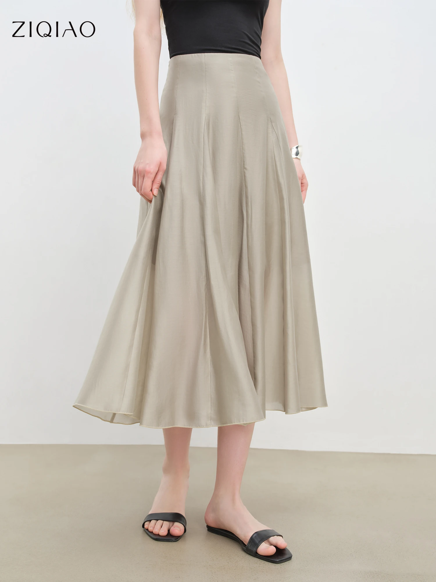 ZIQIAO Split Cut Design Trapeze Dress for Petite Women 2025 Summer New Arrival Elegant Style Mid-Length Half-Skirt 25ZQ92403