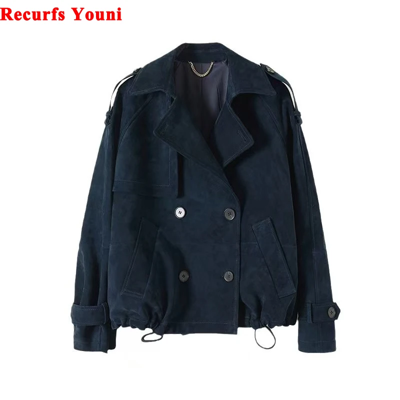 Kid Suede Leather Jacket for Women Branded New 2025 Old Money Double Breasted Short  Jacket Femme Big Lapel Epaulet Trench Coat