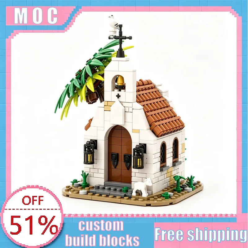 

512 PCS Coastal Missionary Church MOC Building Blocks Retro Religious Architecture Model DIY Assembly Collection Birthday Gifts