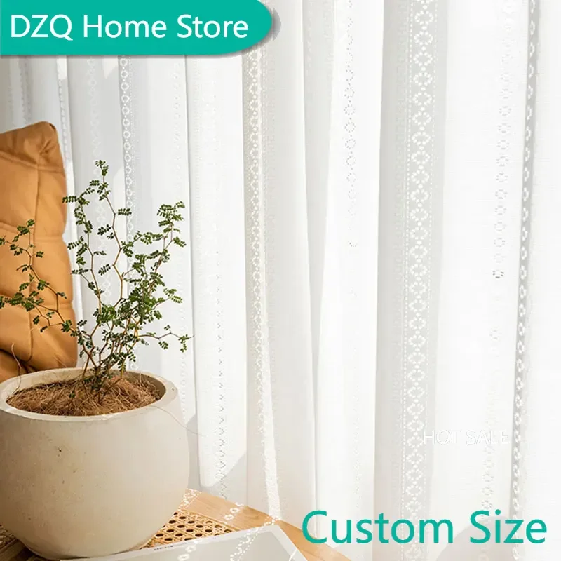 

White Hollow Out Sheer Curtain for Living Room, Bedroom Blinds, Striped Tulle Window Curtains, Kitchen Drapes Decor, Japan Style