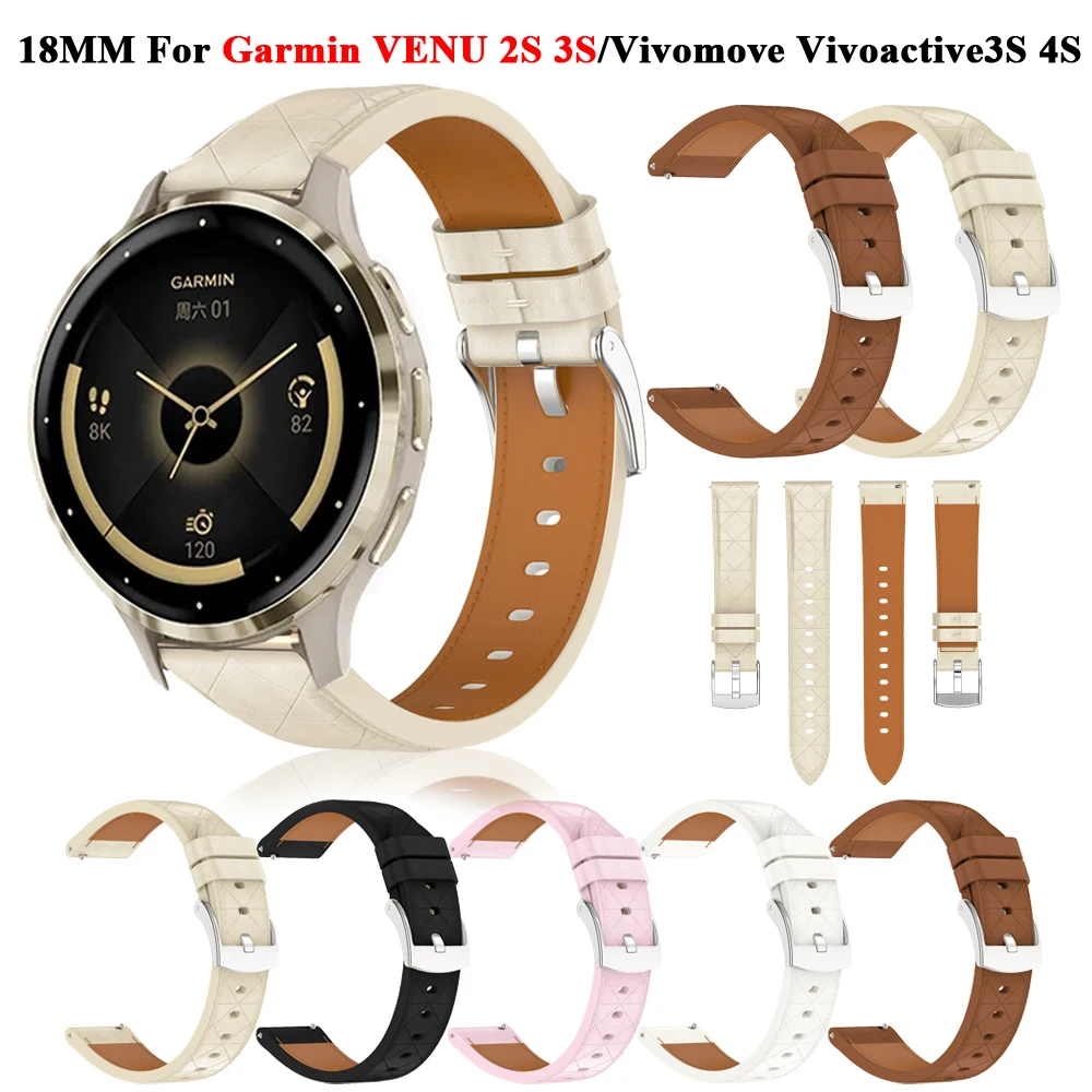 18mm Watch Strap For Garmin VENU 2S 3S/Vivomove Vivoactive3S 4S/Forerunner255S 265S Leather Band Wristband Replacement Bracelet