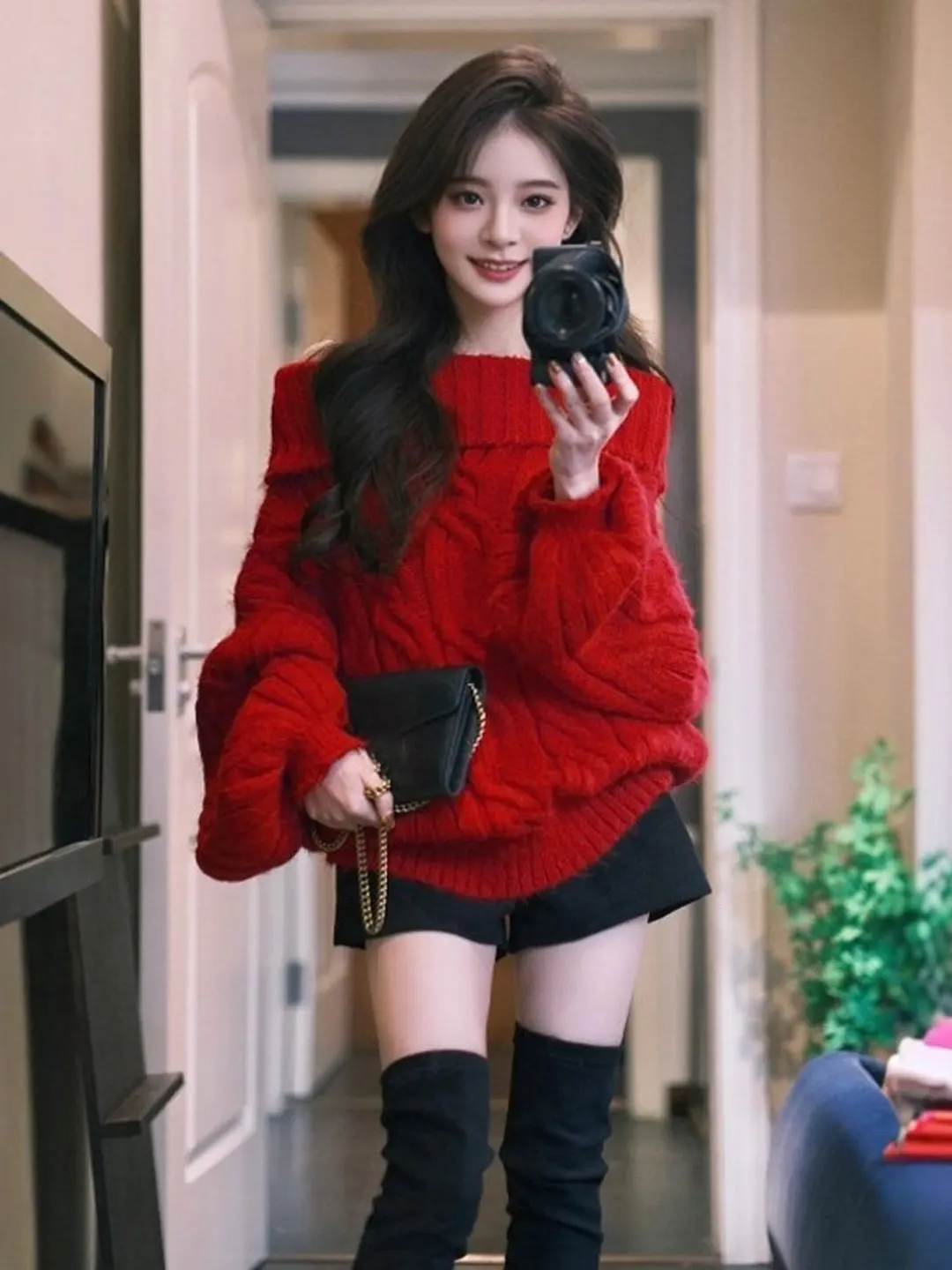 

Нежный красный свитер на одно плечо в стиле ретро, весна 2026, женский модный мягкий длинный свек, повседневная одежда для пар и путешествий