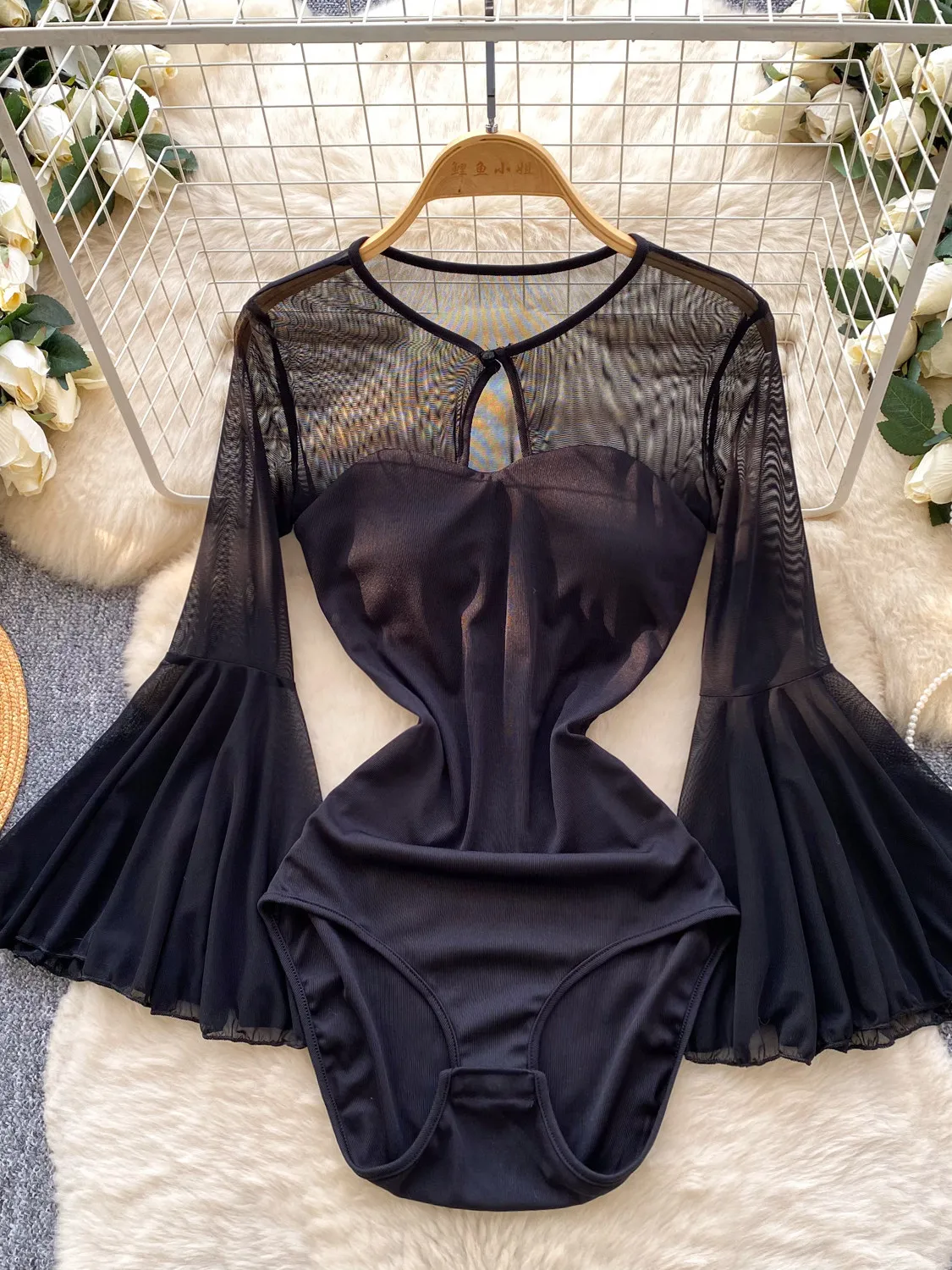 

Foamlina Black See Through Mesh Flare Sleeve Bodysuit Fashion O Neck Hollow Out Slim Fit Bodycon Layering Top for Dance&Party