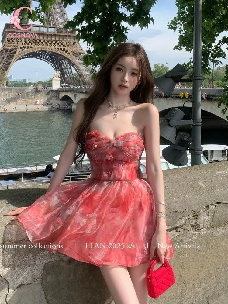 French Elegant Coquette Strapless Sequin Print Dress Women Ruched Waist Bow Detail Flowy Tulle Slim Fit Mini Dress Vacation Outf