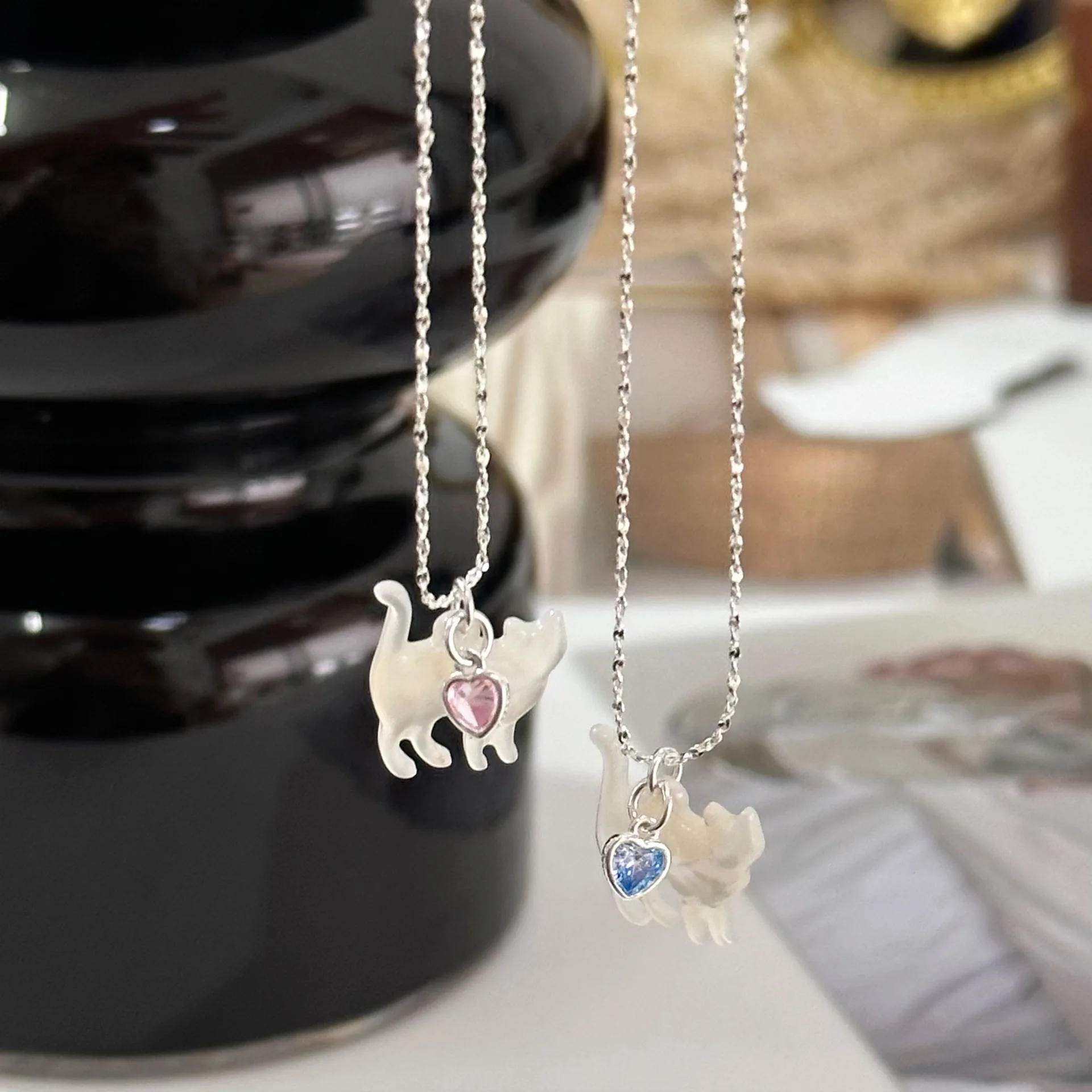 S925 Sterling Silver Cubic Zirconia Cat Love Pendant Neckalce White Shell Fairy Korean Starry Sky Chain