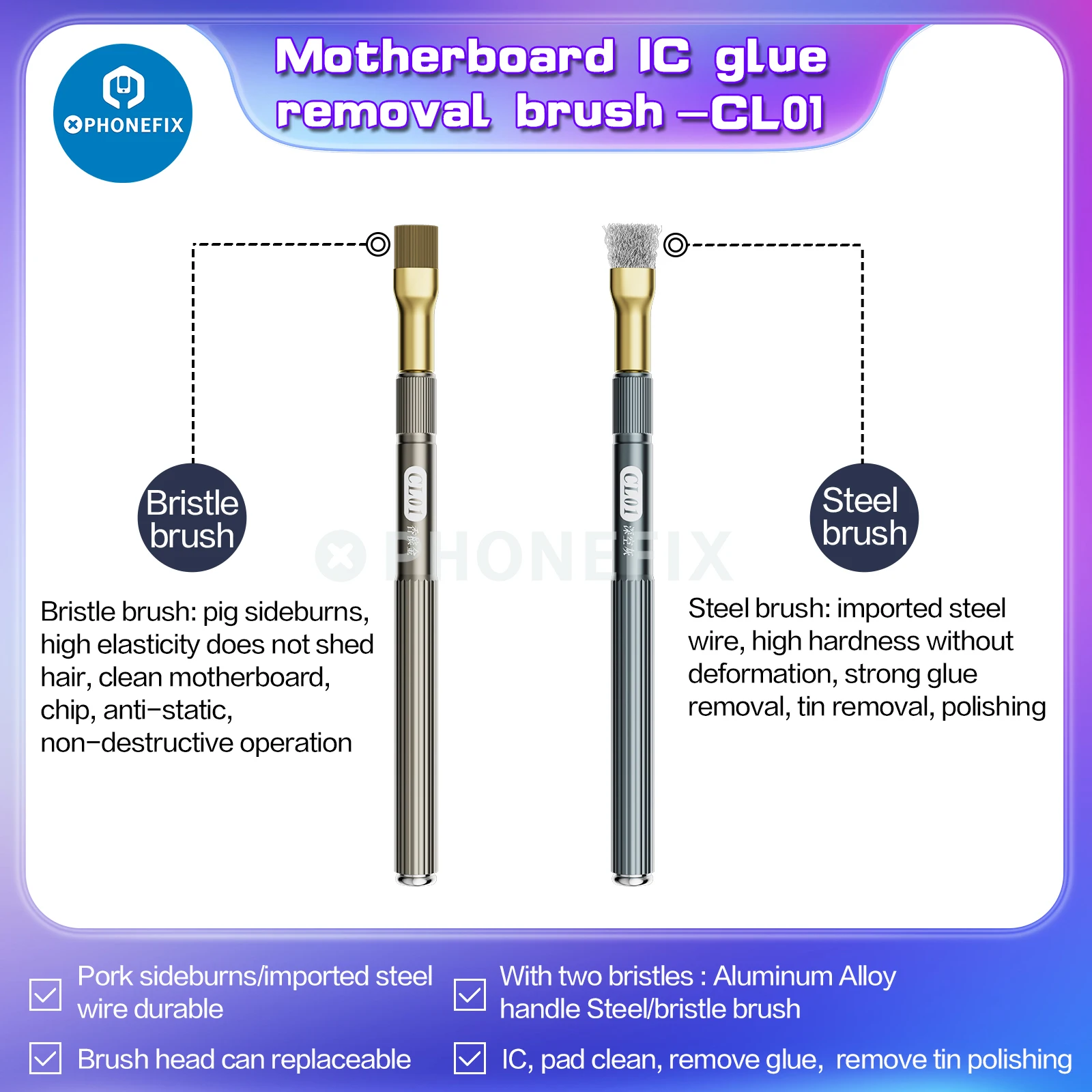 I2C CL01 sikat pembersih baja sangat halus, sikat rambut babi Anti statis untuk Motherboard Debonding lem peralatan pembersih
