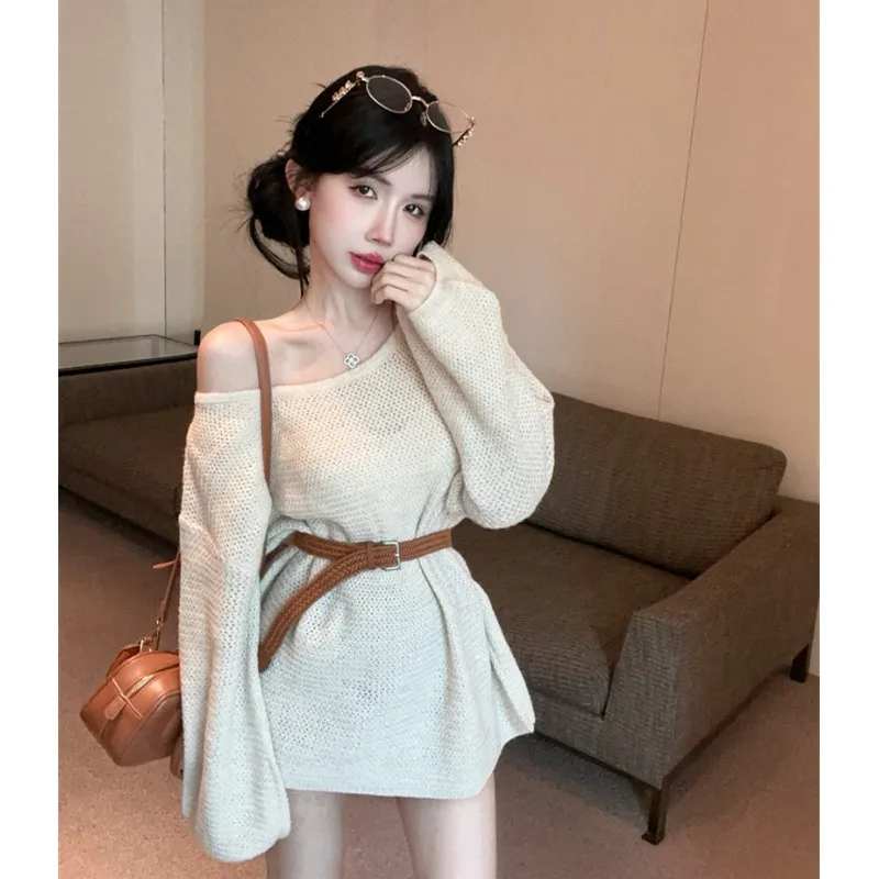 Korean Atmosphere Fishing Date Dress Pure Desire Spicy Shoulder Bared Long Sleeve Knitted Sweater Dress Spring Season Women's...