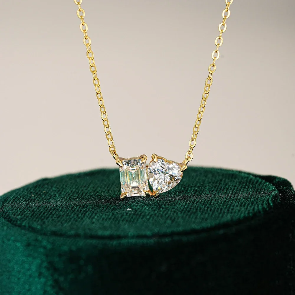 FCGJHW Toi Et Moi Heart&Emerald Moissanite Pendant Necklace S925 Silver 2-Stone Diamond Chain for Women Engagement Jewelry 2026