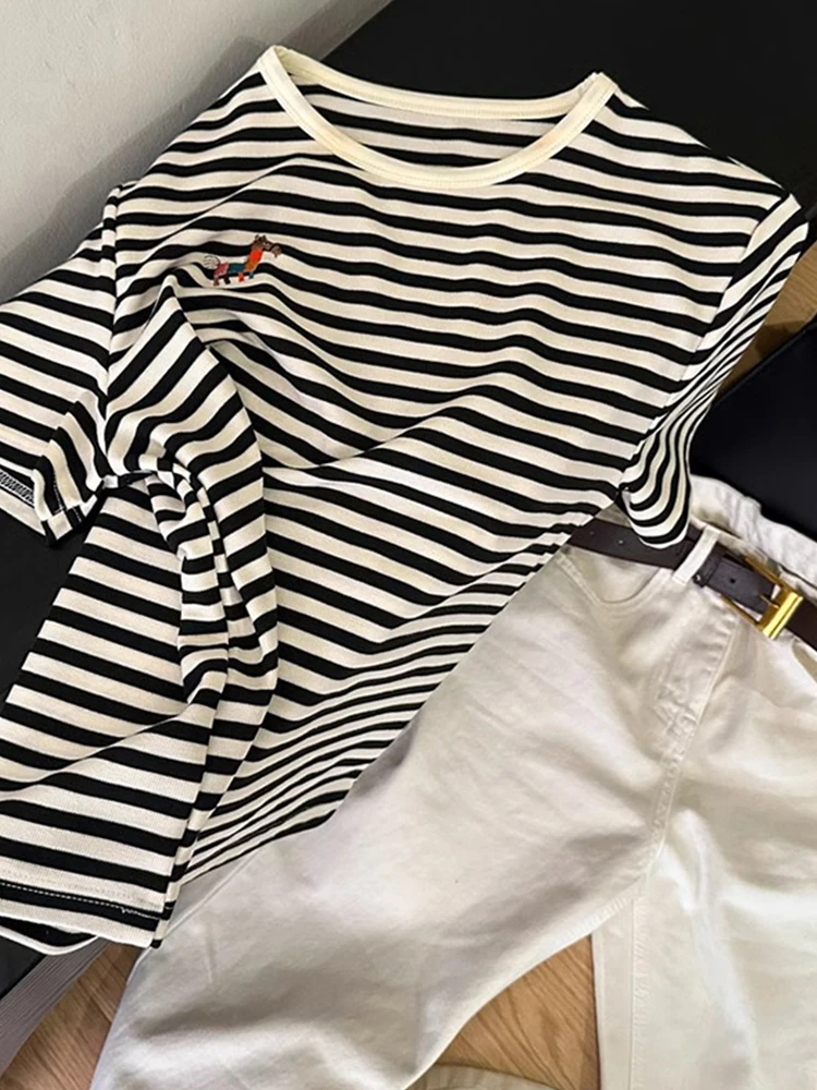 Efecto adelgazante ort Sve camiseta a rayas Casual Base de algodón puro irt Faionable coreano Sle redondo Ne Top para verano