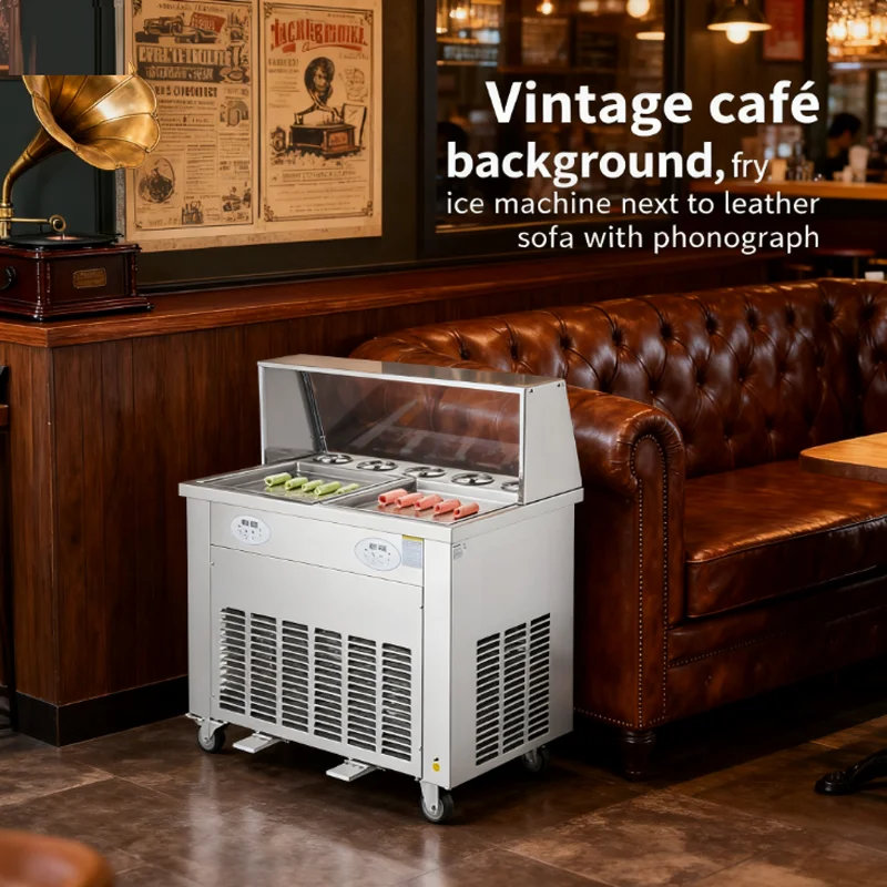 상업용 스테인리스 스틸 냉동 신선 과일 요거트 더블 플랫 팬 롤 프라이 아이스크림 기계