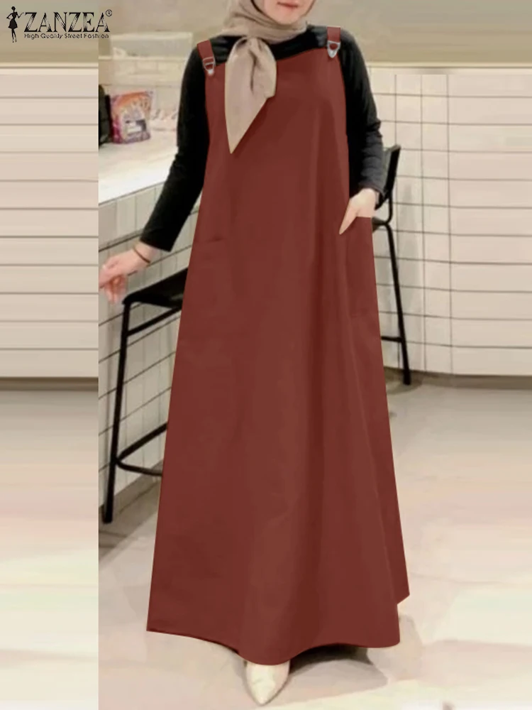 ZANZEA Loose Islamic Pinafore Robes Muslim 2025 Summer Daily Wear Casual Women's Overall Dress Hijab Solid Suspender Vestidos