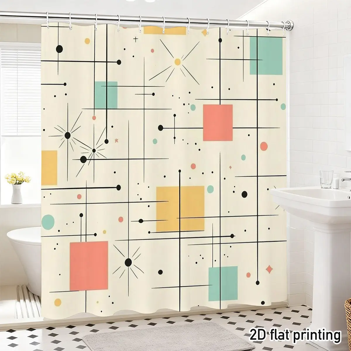 

Геометрическая шторка для душа в стиле Mid-Century Modern, 1 шт., с 12 крючками, для ванной комнаты, домашнего декора, полиэстер, 2D плоская печать, 70.8x70.8 дюймов