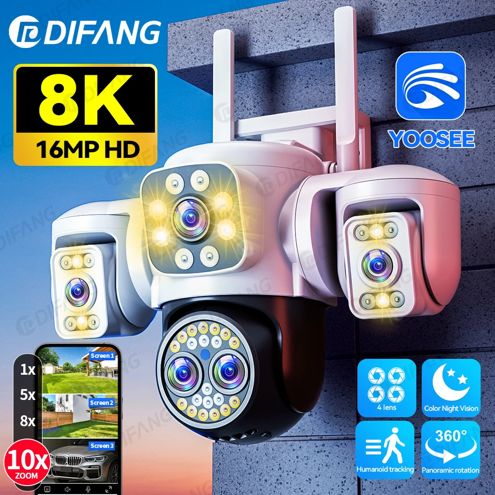 

16MP 8K UHD 4-Lens WiFi Camera! 10x Zoom & Triple-Screen, 360° AI Human Tracking, Yoosee App, Outdoor Security
