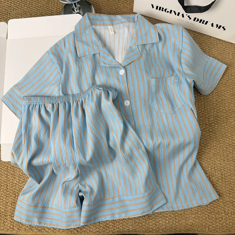 Korean-Style Simple Color-Block Striped Pajamas for Women, New Summer Loose Lazy Short-Sleeve and Shorts Homewear Two-Piece Set