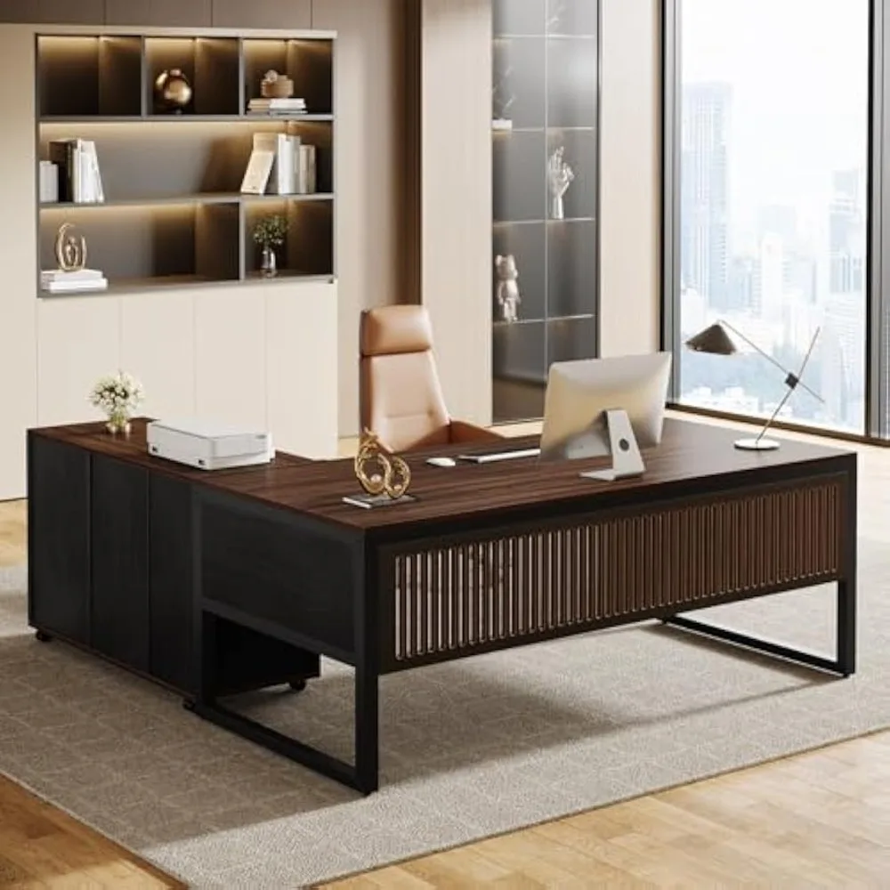 

Large L-Shaped Office Desk with Mobile File Cabinet and Drawers for Executive Business Use