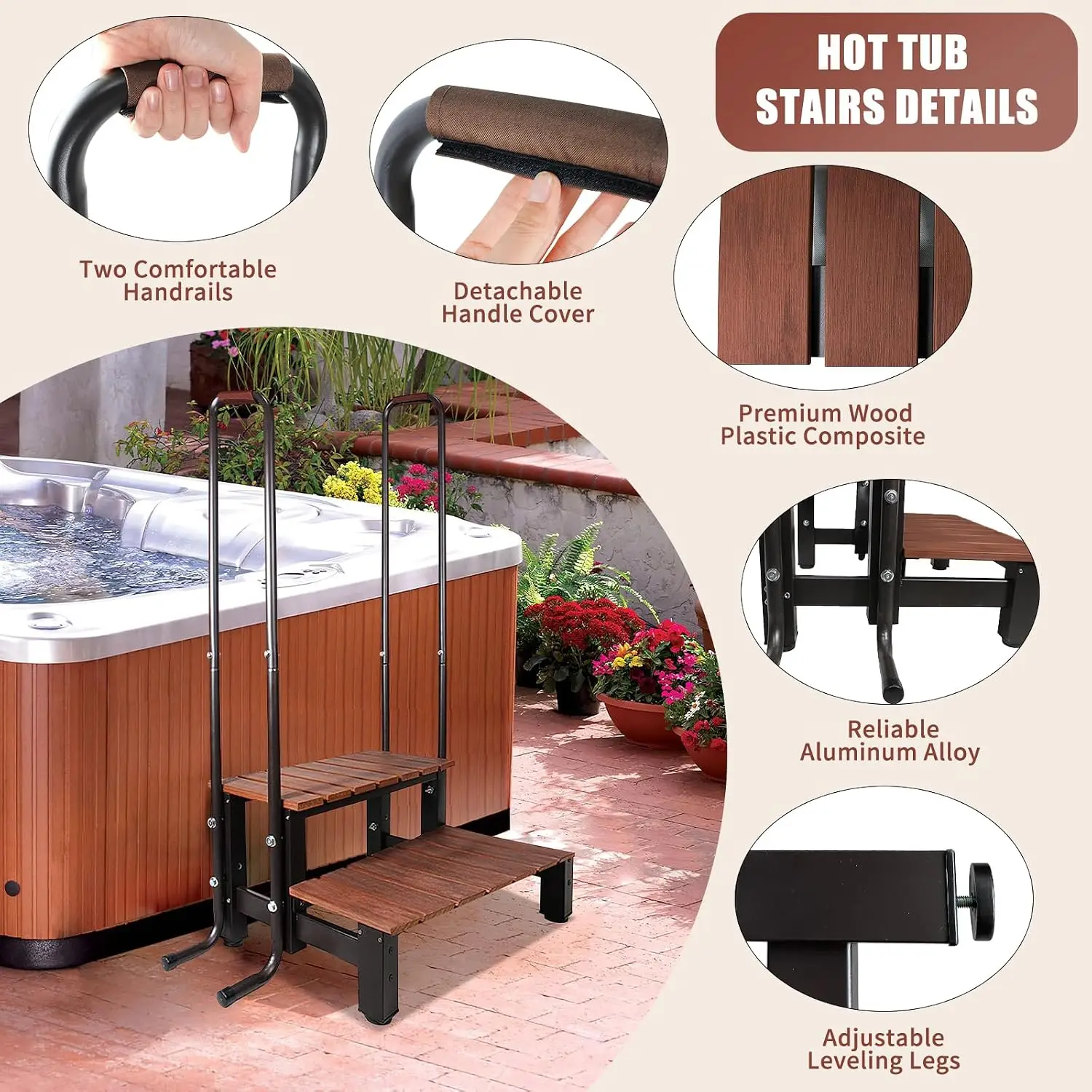 Hot Tub Spa Two Tier Step Stairs with Handrails Railings Non Slip Double Tread Spa Entry Ladder Outdoor Patio Swimming Pool Accessories,