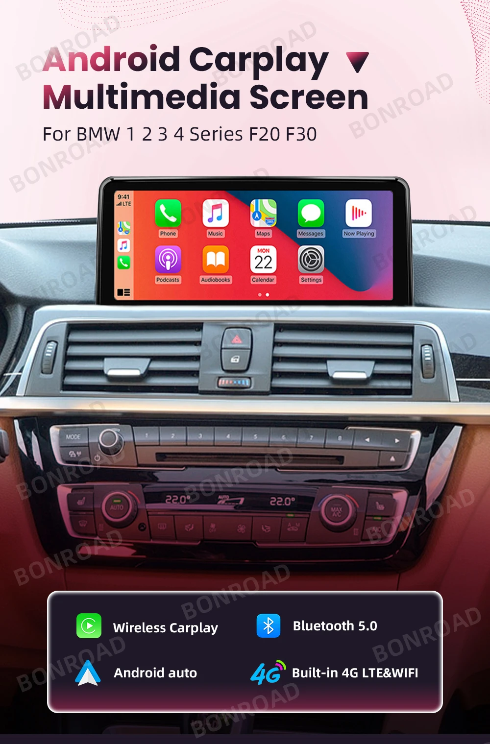 BONROAD 8+128GB Carplay Android auto Multimedia Player Car Radio For BMW 1 2 3 4 Series F20 F21 F22 F30 F31 F32 F33 F34 F36 M4
