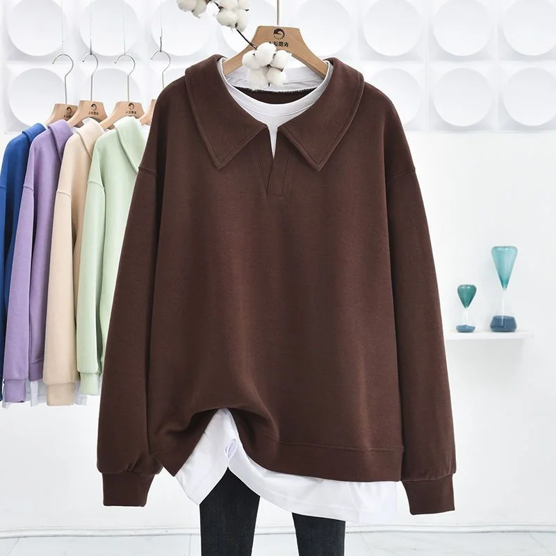 Damskie bluzy plus size, moletom, sztruksowe, z temperamentem, łączone, luźne, z podszewką, w stylu koreańskim, z okrągłym dekoltem, dla dorosłych kobiet.