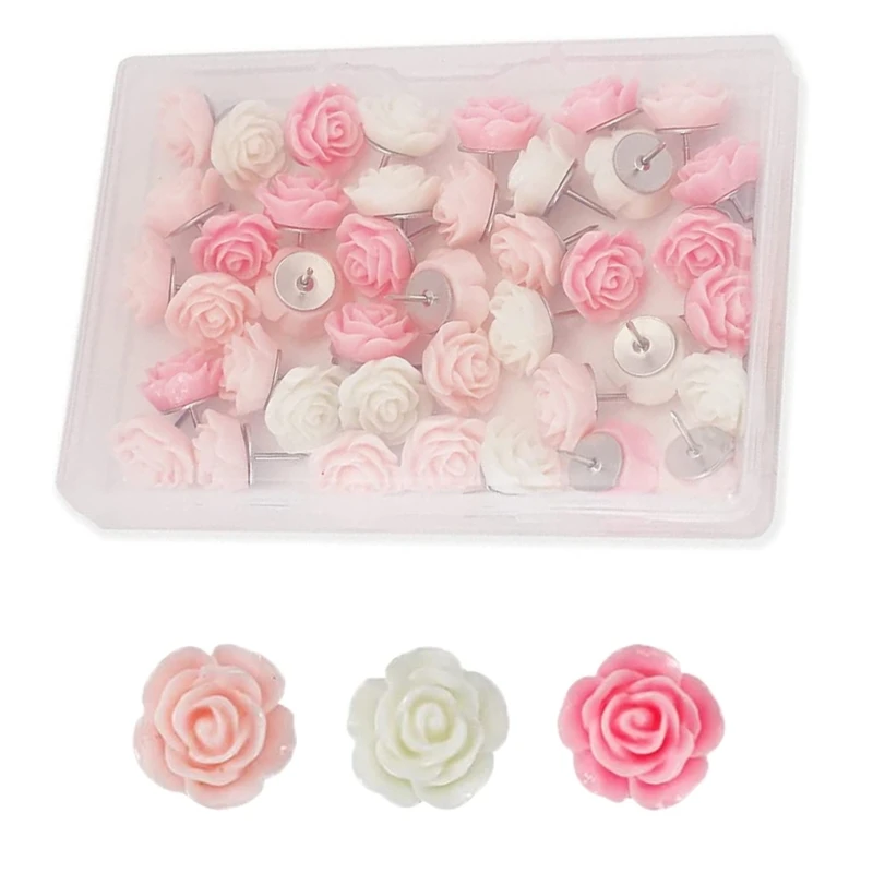 30pcs Rose Flower Tacks Push Pins set for Organizing Documents on Notice Boards