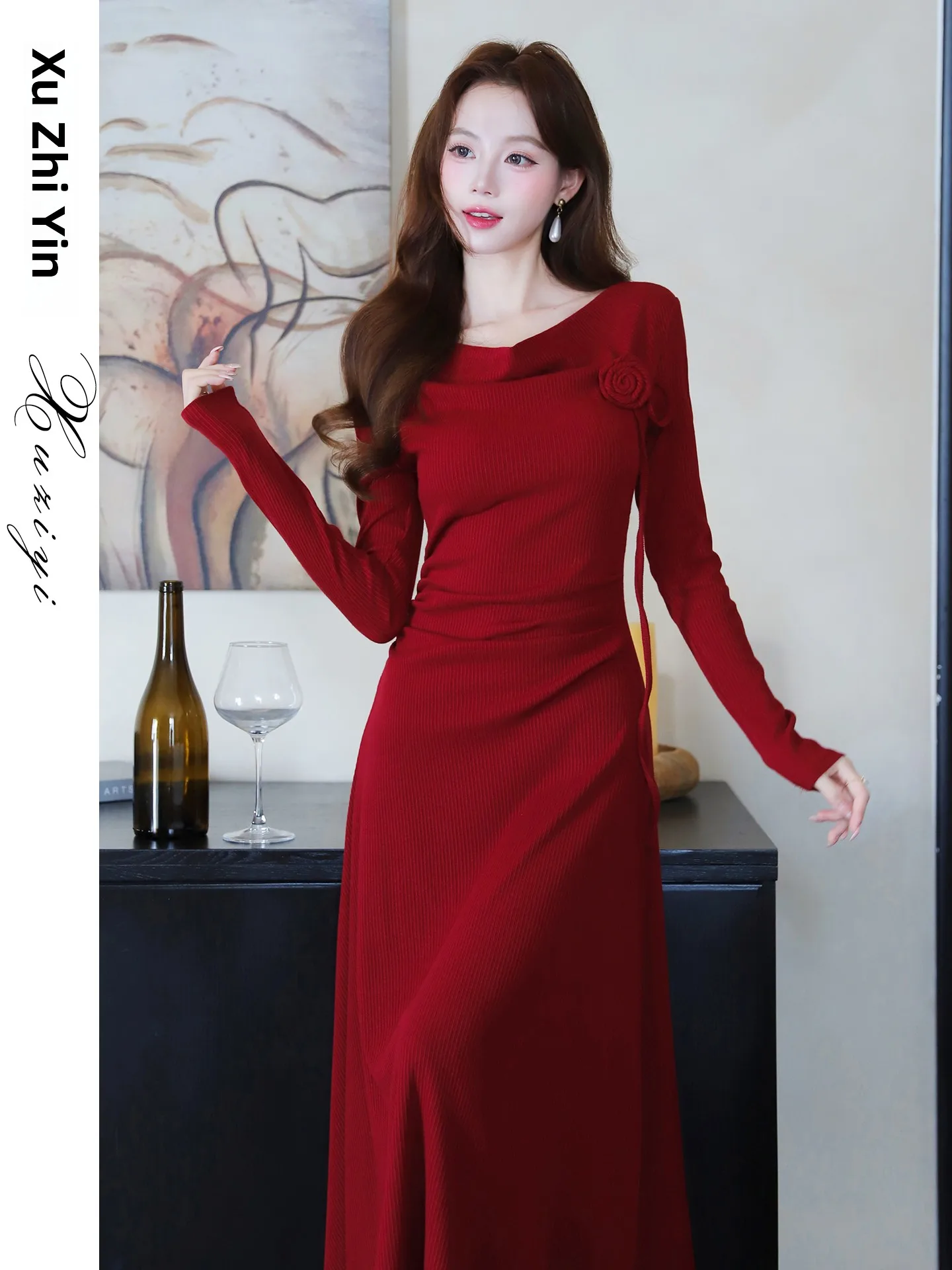 

Stylish Red Wedding Dress Women's Autumn Winter French Style Long Sleeve A-Line Dress with Waist-Cinching Detail for Engageme...
