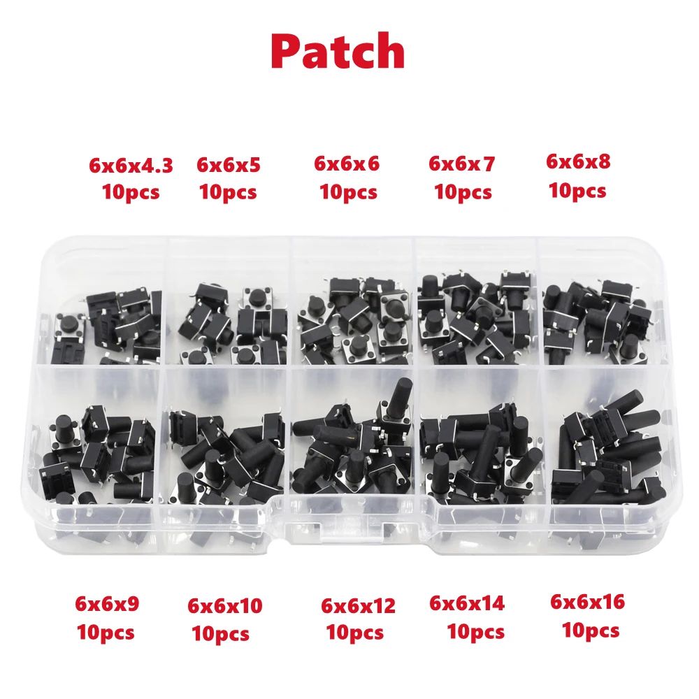 100 PCS 10 models 6*6 Versmérték Lovaglópálca Tapintható Protekció gomb Vasúti váltó készlet height: 4.3 5~16MM Acéloz 4P mikro Vasúti váltó 6x6 kulcs Vasúti váltó